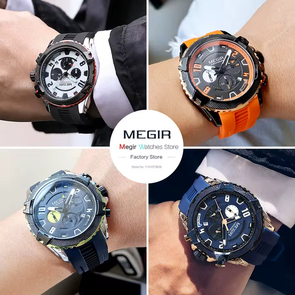 MEGIR 2200 Sport Chronograph – Luminous Blue Silicone Watch for Men
